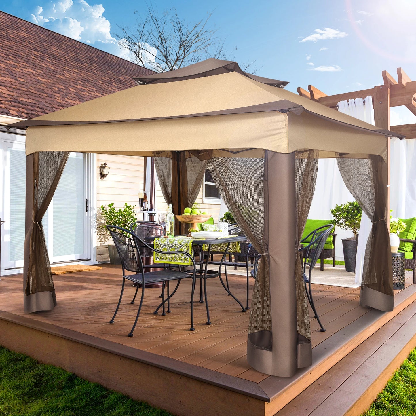 11x11ft Pop Up Gazebo Pavilion With Mosquito Netting, Outdoor Canopy Tent Gazebo For Garden Backyard Lawn Patio
