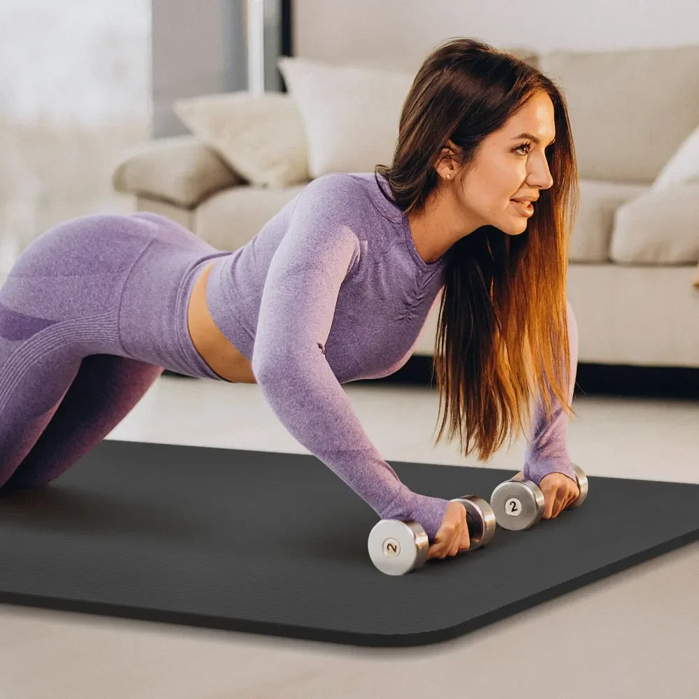Thick Yoga Mat Floor Pad, High Density Foam Exercise Yoga Mat AntiTear With Carrying Strap, Black