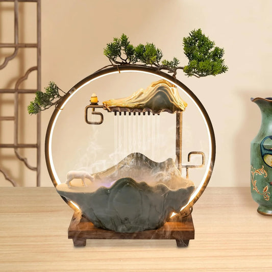 Tabletop Water Fountain Waterfall with Round Led Light Mist Maker & Incense Holder