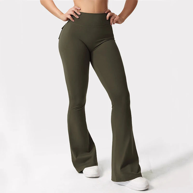 Women's High-Waisted Tummy-Control Yoga Trousers, Outdoor Casual Flare Leggings with Pockets