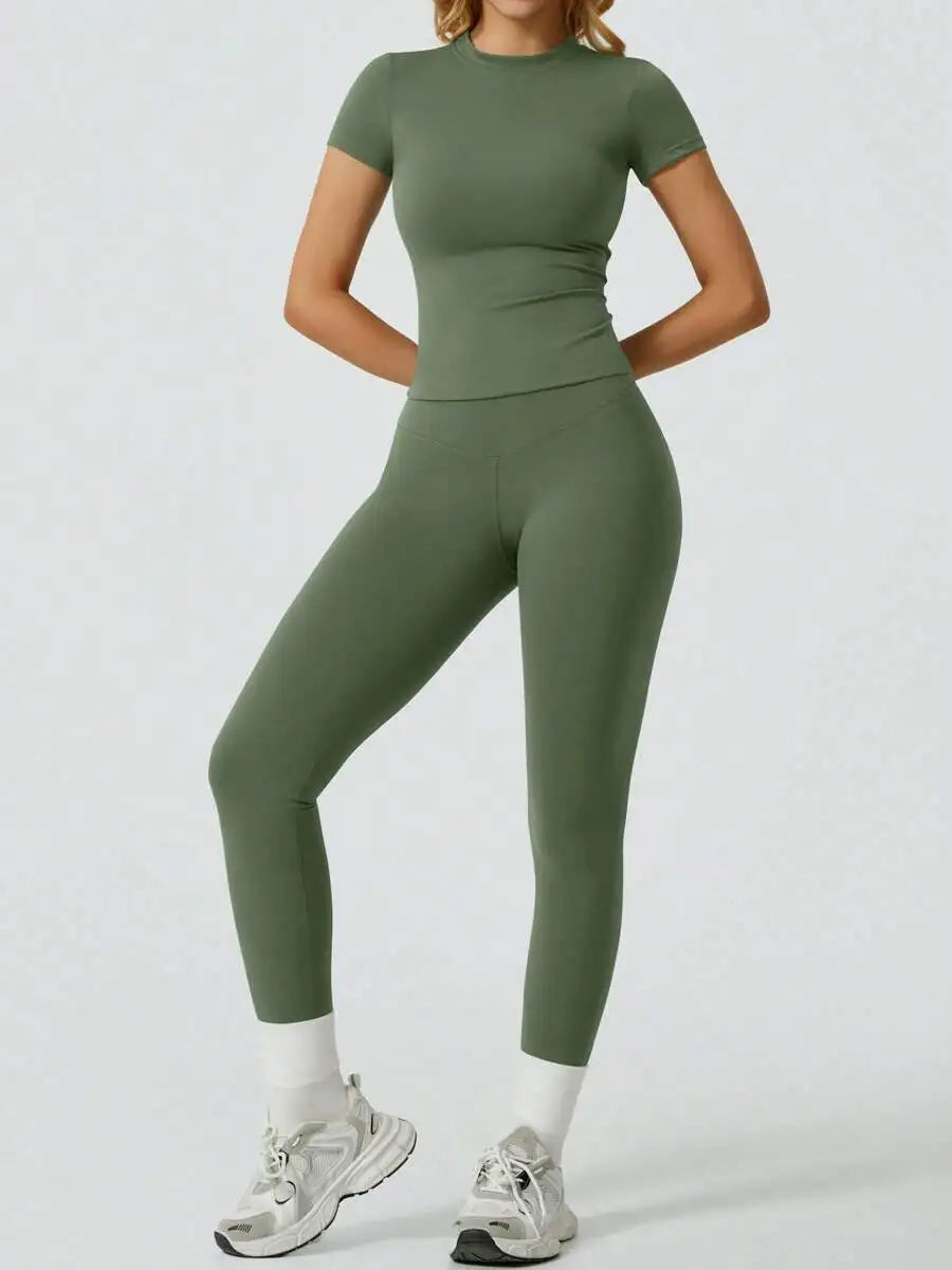 Women's Casual Short Sleeve Top And Long Pants Yoga/Fitness Set Summer