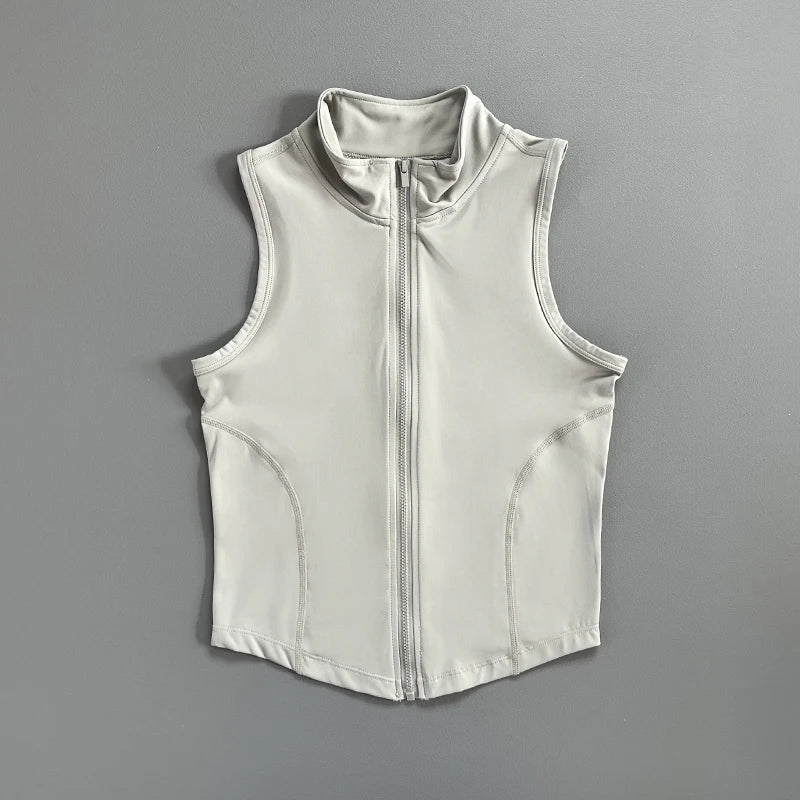 Quick Dry Stand Collar Sleeveless Zipper Sports Crop Top Fitness Vest for Gym Running Exercise