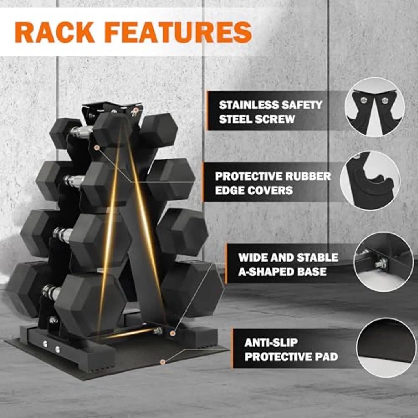 Anti-Slip Grip Rubber Coated Dumbbell Set with Storage Rack