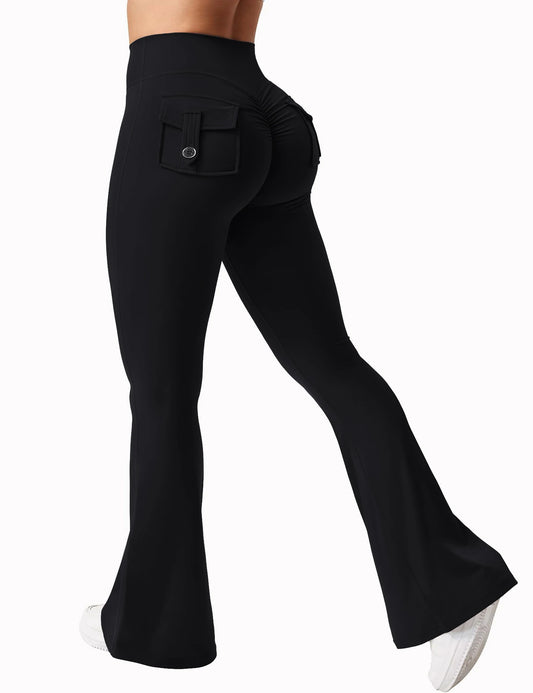 Women's High-Waisted Tummy-Control Yoga Trousers, Outdoor Casual Flare Leggings with Pockets