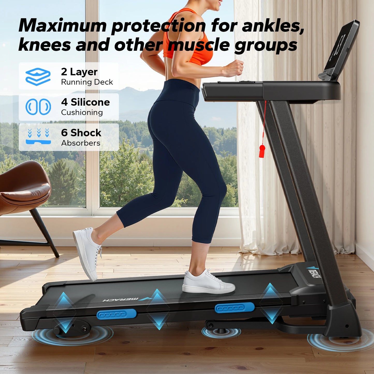 Foldable Quiet Treadmills with adjustable incline