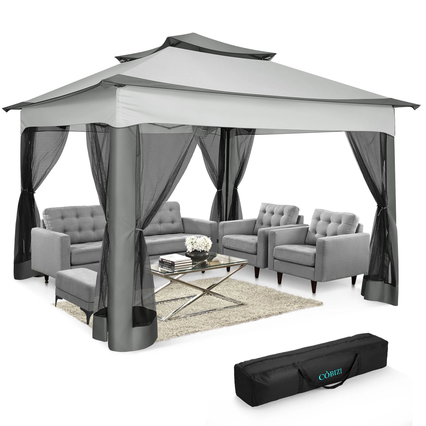 11x11ft Pop Up Gazebo Pavilion With Mosquito Netting, Outdoor Canopy Tent Gazebo For Garden Backyard Lawn Patio