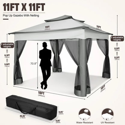 11x11ft Pop Up Gazebo Pavilion With Mosquito Netting, Outdoor Canopy Tent Gazebo For Garden Backyard Lawn Patio