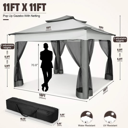 11x11ft Pop Up Gazebo Pavilion With Mosquito Netting, Outdoor Canopy Tent Gazebo For Garden Backyard Lawn Patio