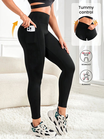 Women’s Plus Size High-Waisted Black Yoga Leggings, Ideal for Pilates Gym Running Hiking Fitness