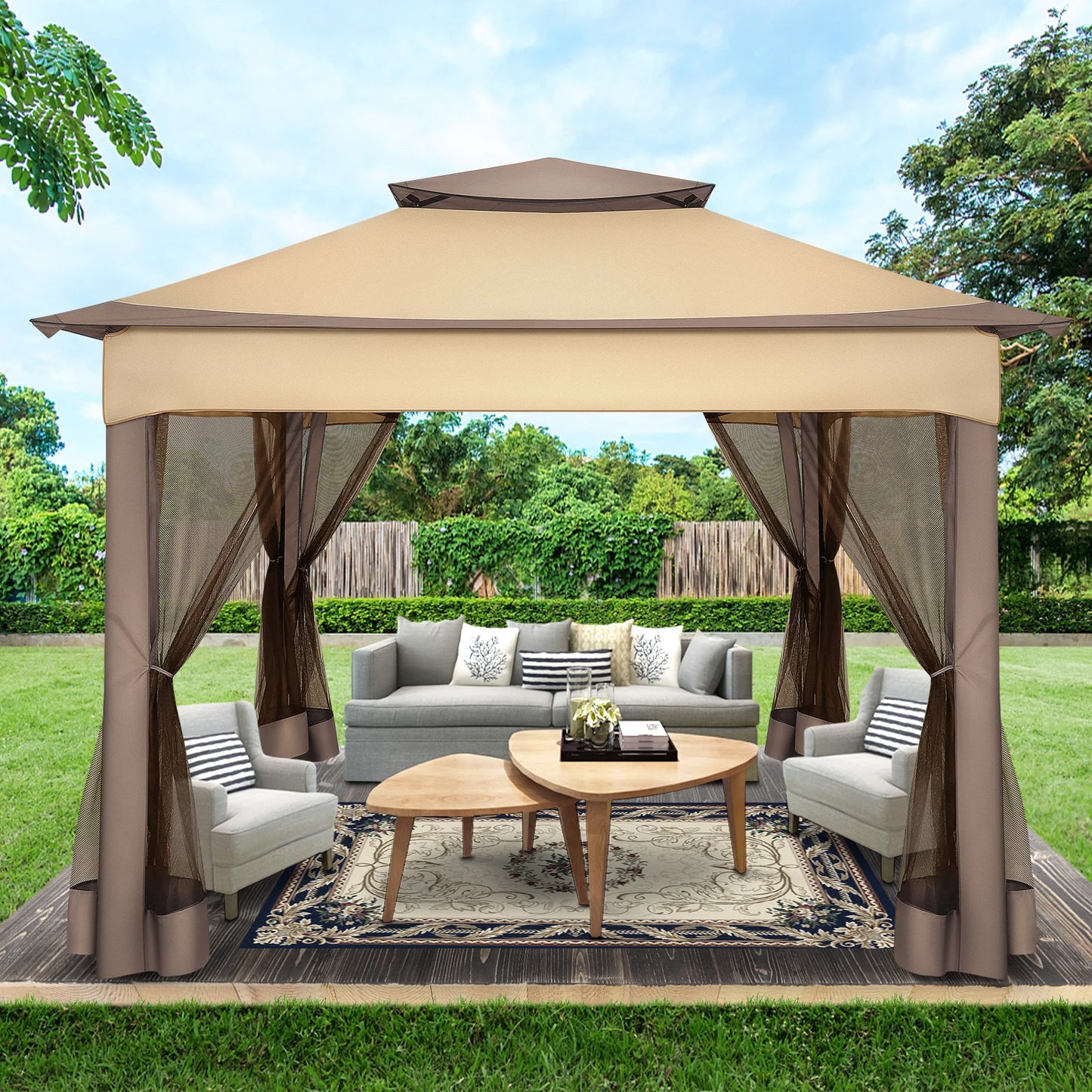 11x11ft Pop Up Gazebo Pavilion With Mosquito Netting, Outdoor Canopy Tent Gazebo For Garden Backyard Lawn Patio