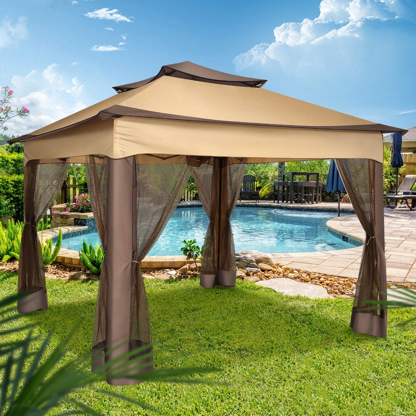 11x11ft Pop Up Gazebo Pavilion With Mosquito Netting, Outdoor Canopy Tent Gazebo For Garden Backyard Lawn Patio