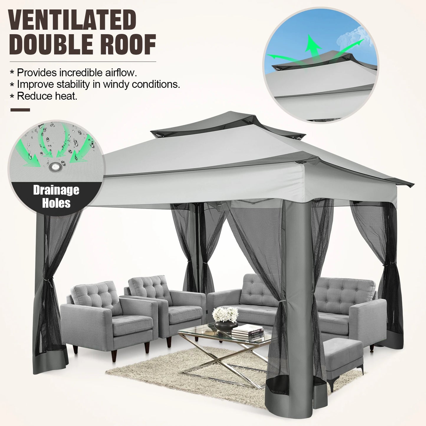 11x11ft Pop Up Gazebo Pavilion With Mosquito Netting, Outdoor Canopy Tent Gazebo For Garden Backyard Lawn Patio