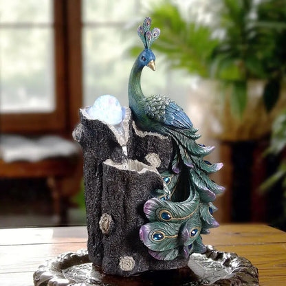 Elegant Peacock Waterfall Fountain with Rotating Glass Globe