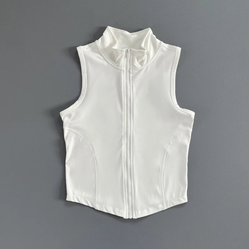Quick Dry Stand Collar Sleeveless Zipper Sports Crop Top Fitness Vest for Gym Running Exercise