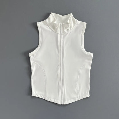 Quick Dry Stand Collar Sleeveless Zipper Sports Crop Top Fitness Vest for Gym Running Exercise
