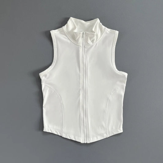 Quick Dry Stand Collar Sleeveless Zipper Sports Crop Top Fitness Vest for Gym Running Exercise