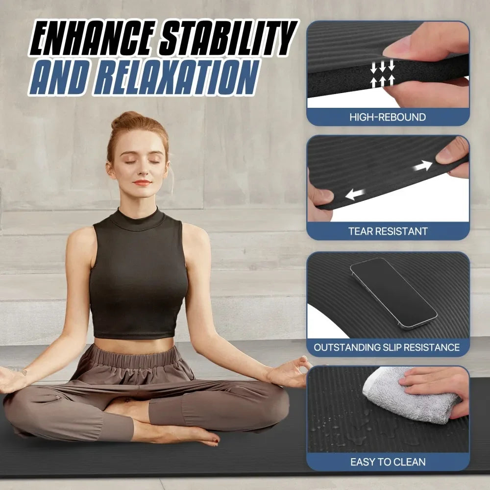 Thick Yoga Mat Floor Pad, High Density Foam Exercise Yoga Mat AntiTear With Carrying Strap, Black
