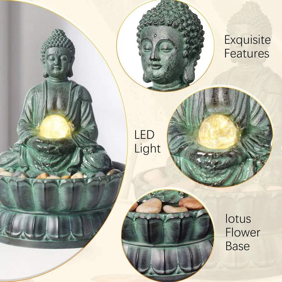 Sitting Buddha Fountain: a lighted vision of inner peace