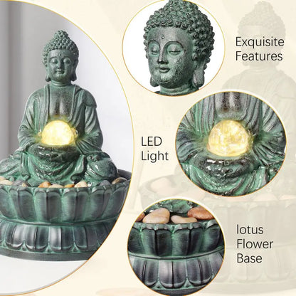 Sitting Buddha Fountain: a lighted vision of inner peace