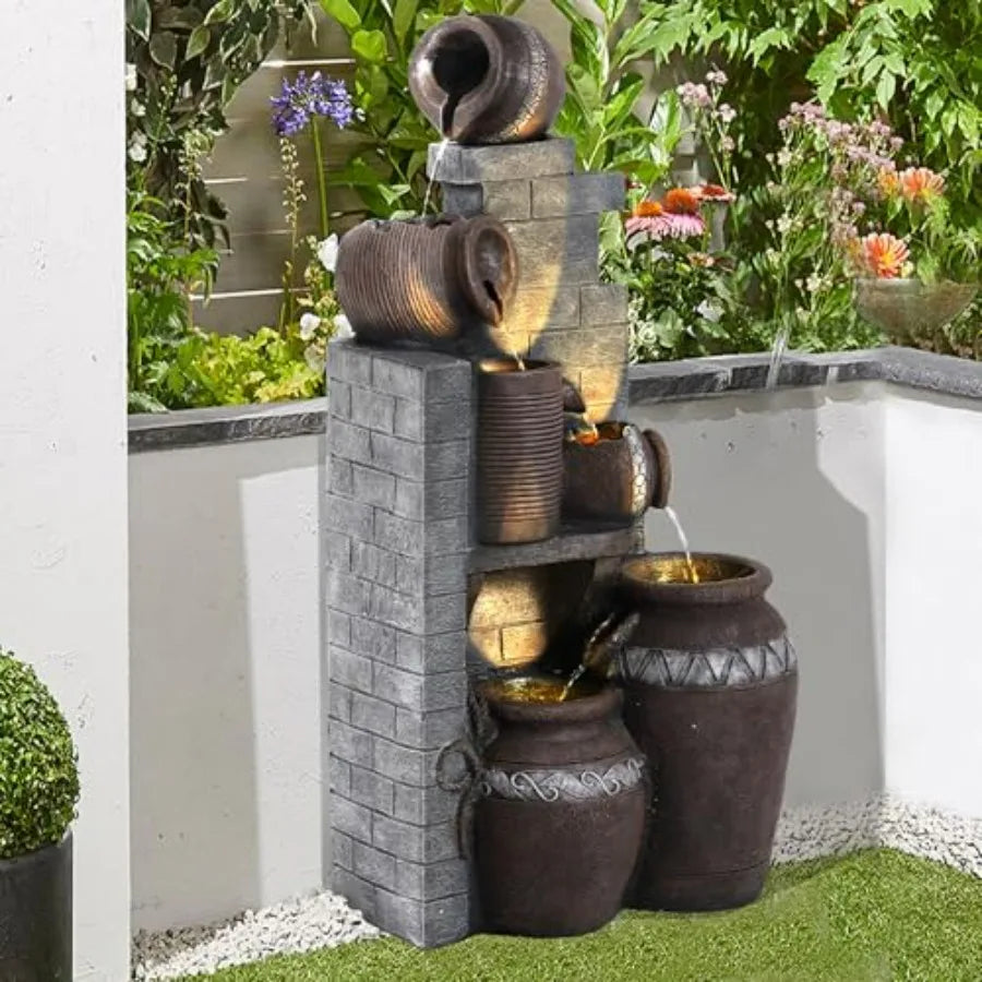 6-Tiers Indoor/Outdoor Water Fountain Cascading Garden Fountains with LED Lights