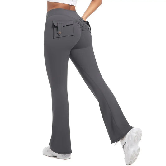 Women's High-Waisted Tummy-Control Yoga Trousers, Outdoor Casual Flare Leggings with Pockets