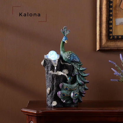 Elegant Peacock Waterfall Fountain with Rotating Glass Globe