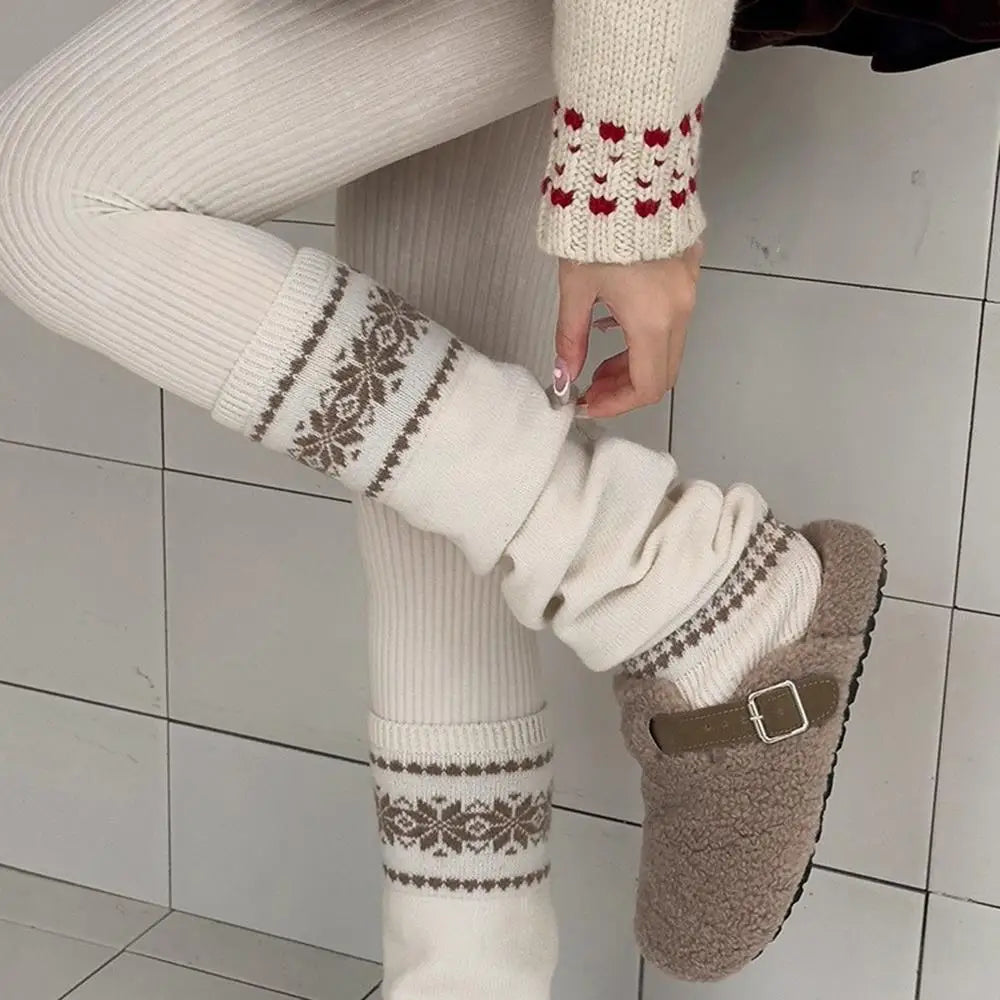 Knitted Leg Warmer Geometric Design Long Stockings