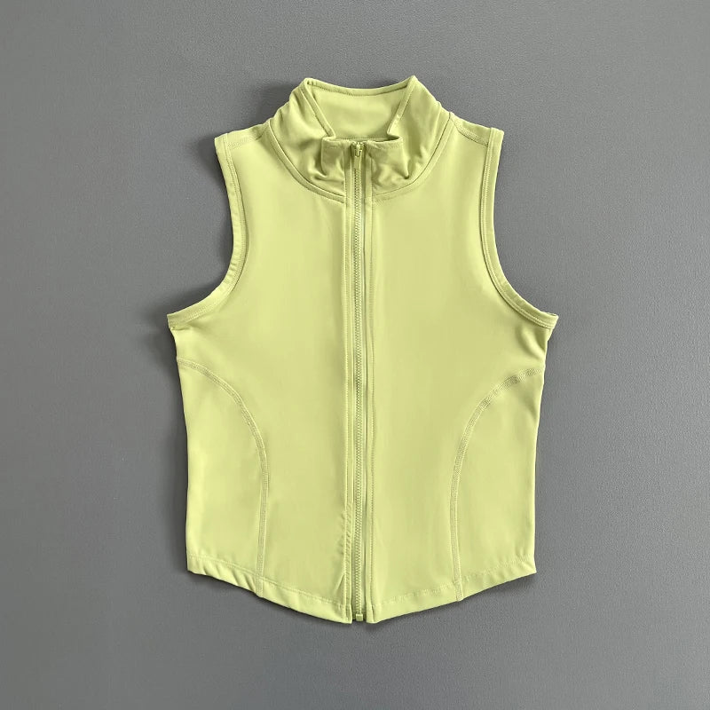 Quick Dry Stand Collar Sleeveless Zipper Sports Crop Top Fitness Vest for Gym Running Exercise