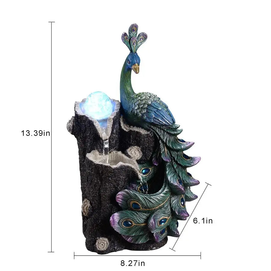 Elegant Peacock Waterfall Fountain with Rotating Glass Globe