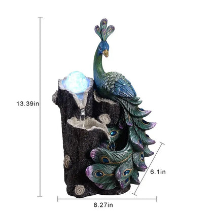 Elegant Peacock Waterfall Fountain with Rotating Glass Globe