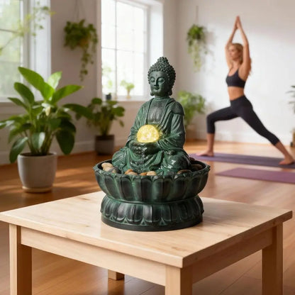 Sitting Buddha Fountain: a lighted vision of inner peace