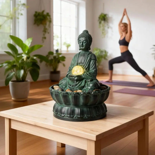 Sitting Buddha Fountain: a lighted vision of inner peace