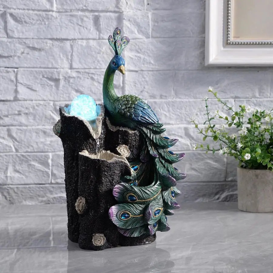 Elegant Peacock Waterfall Fountain with Rotating Glass Globe