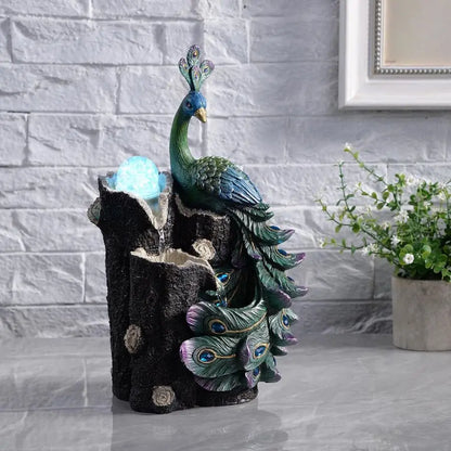 Elegant Peacock Waterfall Fountain with Rotating Glass Globe