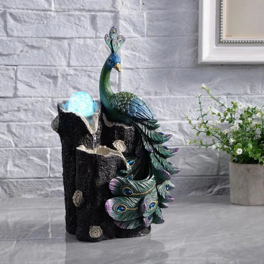 Elegant Peacock Waterfall Fountain with Rotating Glass Globe