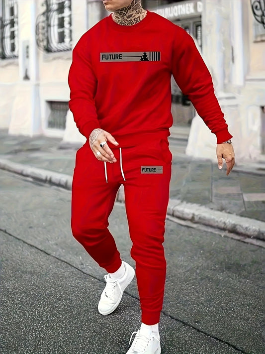 Men's Polyester Knitted Sports Set - Round neck Long sleeved Top Strap up Running Pants