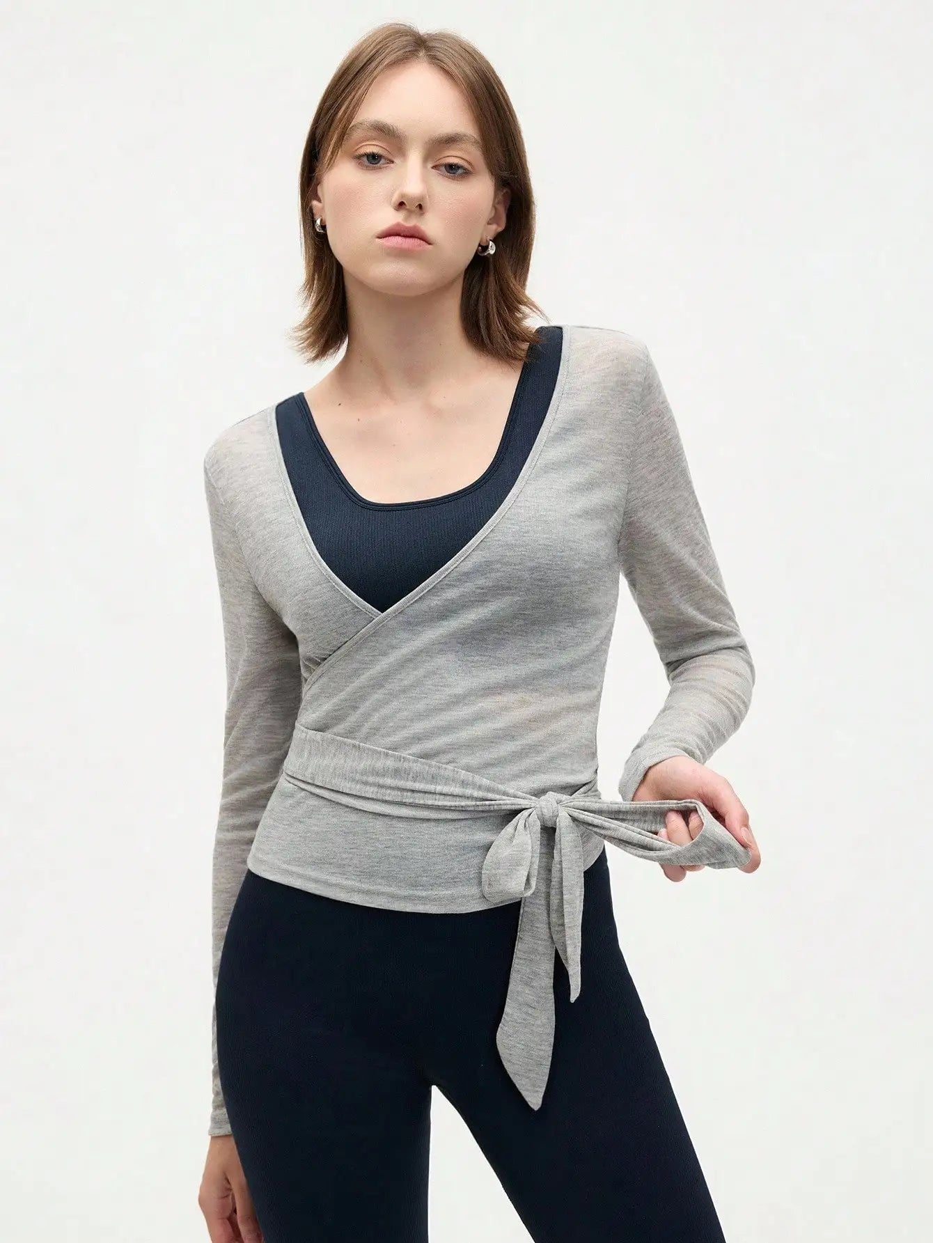 Eassivo Eassivo Women's Casual Lightweight Textured Tie-Front Long Sleeve Sports T-Shirt,