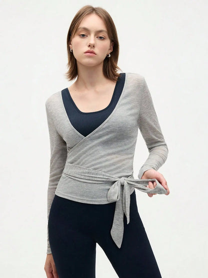 Eassivo Eassivo Women's Casual Lightweight Textured Tie-Front Long Sleeve Sports T-Shirt,
