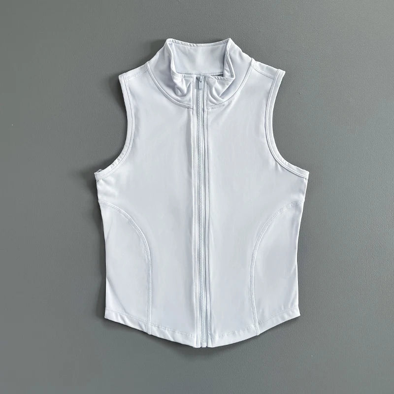 Quick Dry Stand Collar Sleeveless Zipper Sports Crop Top Fitness Vest for Gym Running Exercise