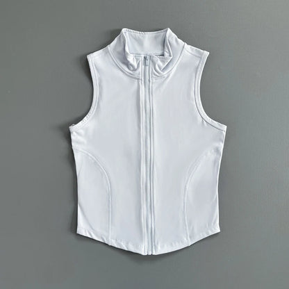 Quick Dry Stand Collar Sleeveless Zipper Sports Crop Top Fitness Vest for Gym Running Exercise