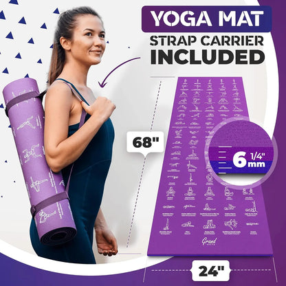 Instructional Yoga Mat with Illustrated Poses & Stretching Exercises
