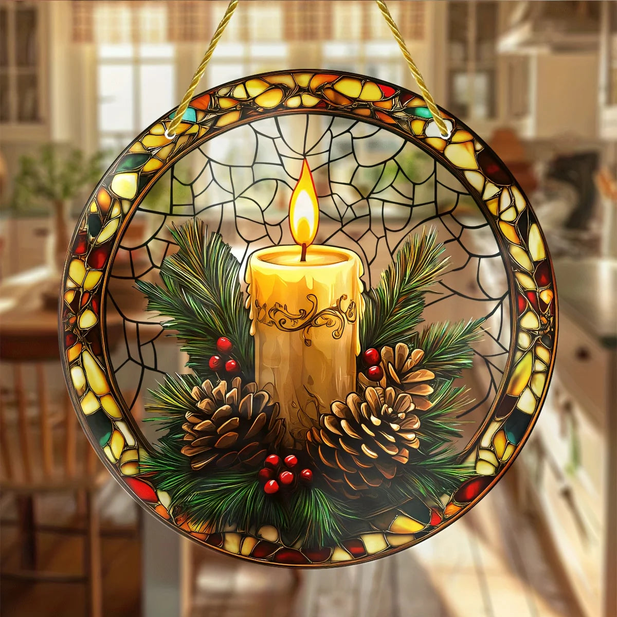Rustic Candle Sun Catcher with pinecones & holly