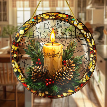 Rustic Candle Sun Catcher with pinecones & holly