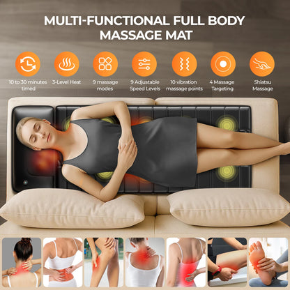 Shiatsu Full Body Massage Mat with Heat, 10 Vibrating Motors, 9 Intensity Levels, Relax at Home Office