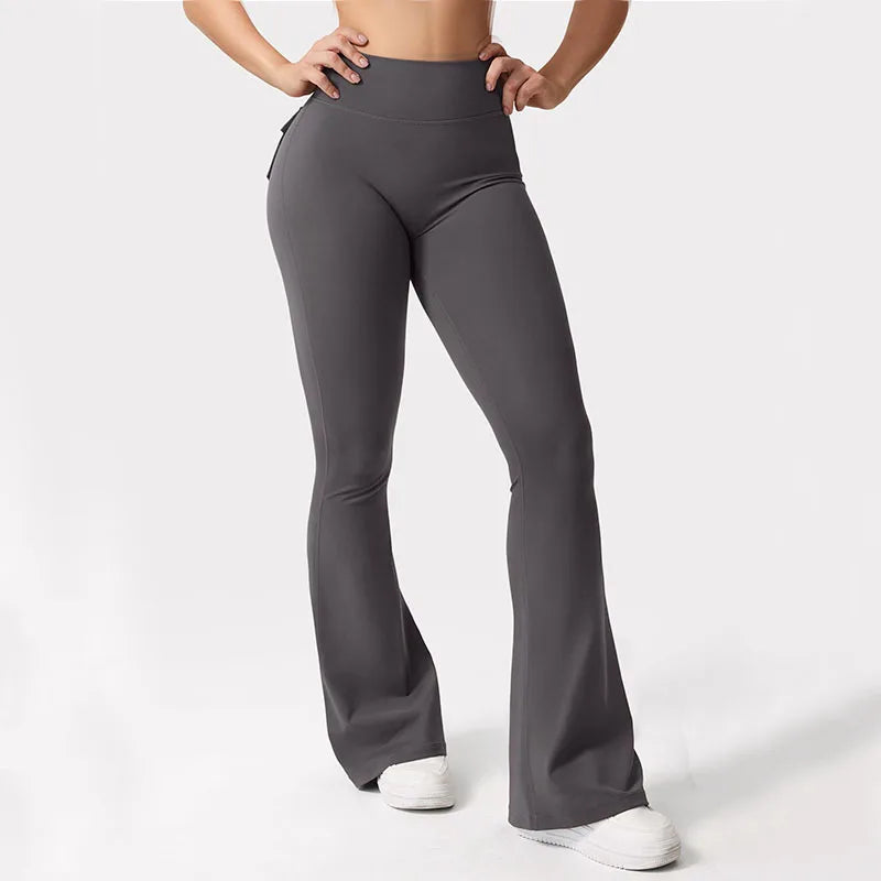 Women's High-Waisted Tummy-Control Yoga Trousers, Outdoor Casual Flare Leggings with Pockets