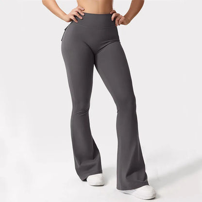 Women's High-Waisted Tummy-Control Yoga Trousers, Outdoor Casual Flare Leggings with Pockets