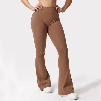 Women's High-Waisted Tummy-Control Yoga Trousers, Outdoor Casual Flare Leggings with Pockets
