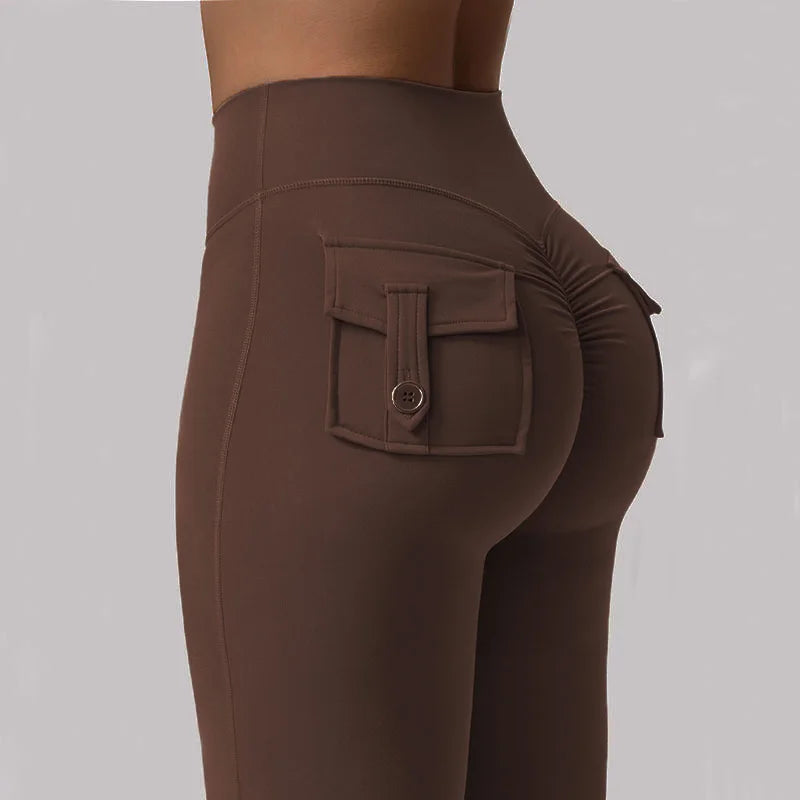 Women's High-Waisted Tummy-Control Yoga Trousers, Outdoor Casual Flare Leggings with Pockets