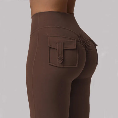 Women's High-Waisted Tummy-Control Yoga Trousers, Outdoor Casual Flare Leggings with Pockets