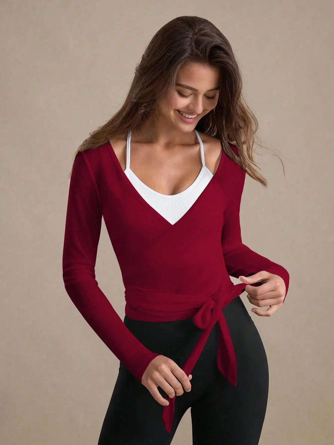 Eassivo Eassivo Women's Casual Lightweight Textured Tie-Front Long Sleeve Sports T-Shirt,